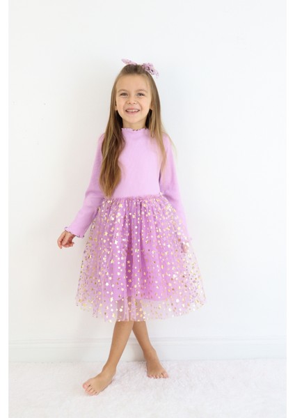 Lila Yıldız Baskılı Tül Etekli Kız Çocuk Elbise - Karen