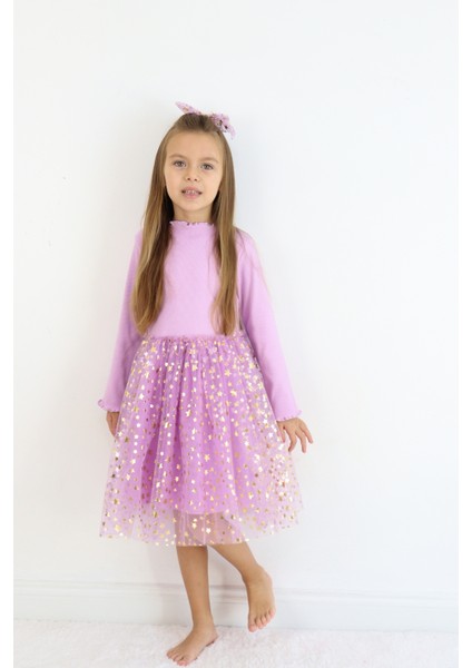 Lila Yıldız Baskılı Tül Etekli Kız Çocuk Elbise - Karen fiyatları