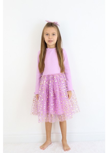 Lila Yıldız Baskılı Tül Etekli Kız Çocuk Elbise - Karen fırsatları