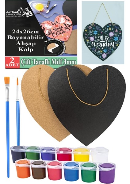 Boyanabilir Çift Taraflı Kalp Mdf 2 Li ve 12 Renk Akrilik Boya 1 Paket Kalp Tabela Kapı Duvar Yazı Süsleme Dekoratif