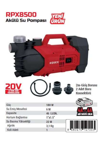 Craftool Rodex Akülü Su Pompası 4AH Akü +Şarj Aleti (1 Saatte 2.5ton Su Basar)