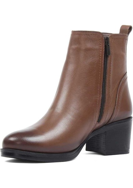 Kadın Ceviz Çift Fermuarlı Deri Bot