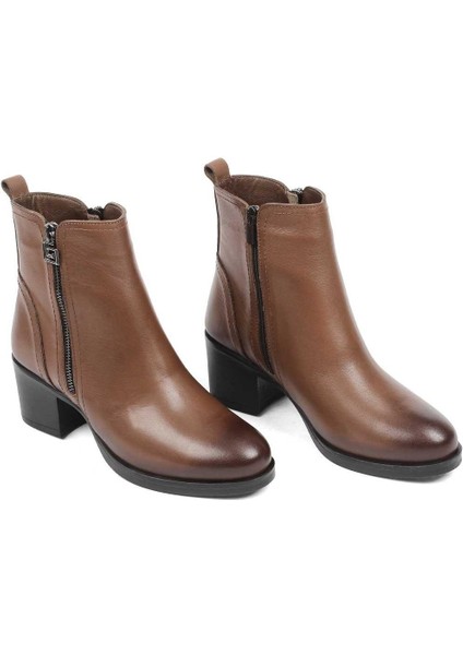 Kadın Ceviz Çift Fermuarlı Deri Bot
