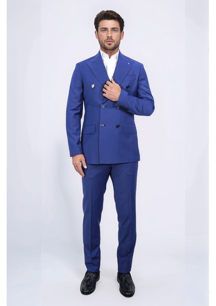 Slim Fit Sivri Yaka Kruvaze Petrol Mavi Takım Elbise