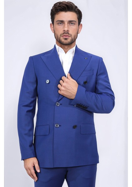 Slim Fit Sivri Yaka Kruvaze Petrol Mavi Takım Elbise fırsatları