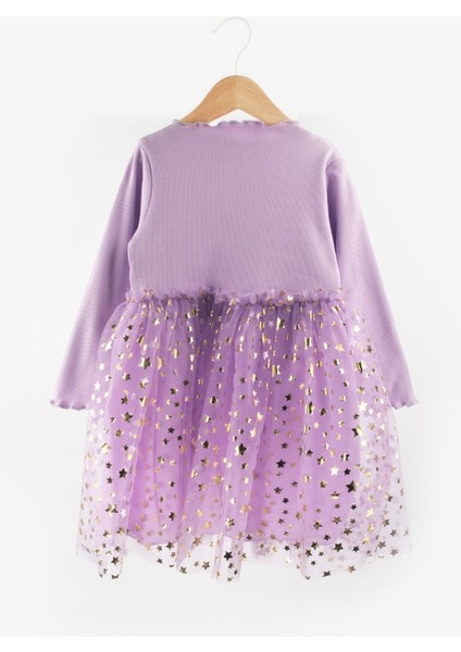 Lila Yıldız Baskılı Tül Etekli Kız Çocuk Elbise - Karen indirimleri