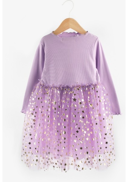 Lila Yıldız Baskılı Tül Etekli Kız Çocuk Elbise - Karen