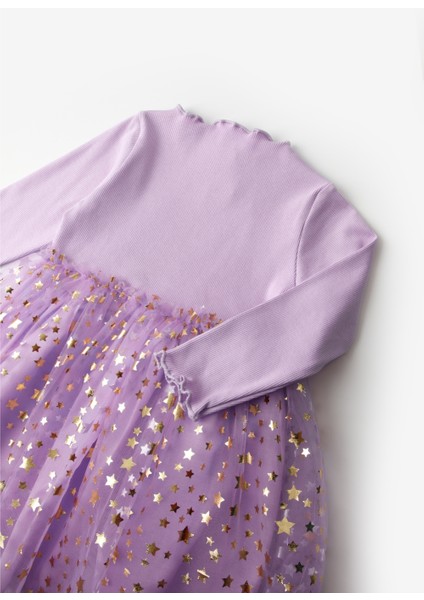 Lila Yıldız Baskılı Tül Etekli Kız Çocuk Elbise - Karen