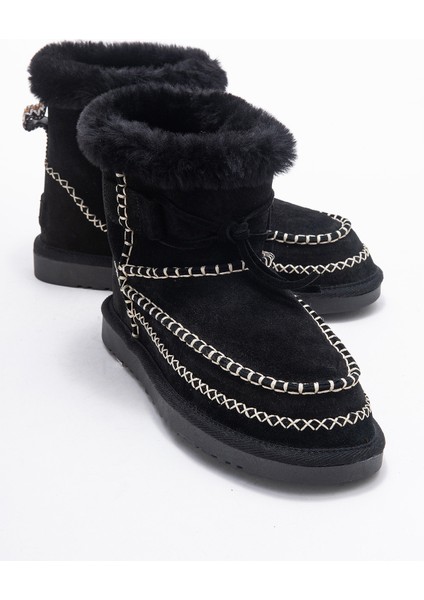 Jorel Siyah Süet Hakiki Deri Dikişli Kürklü Kadın Bot
