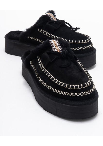 Yalına Siyah Süet Hakiki Deri Dikişli Kürklü Kadın Platform Tabanlı Makosen Terlik