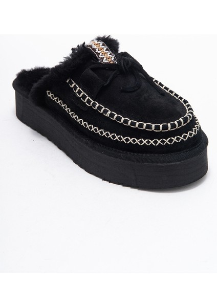 Yalına Siyah Süet Hakiki Deri Dikişli Kürklü Kadın Platform Tabanlı Makosen Terlik modelleri