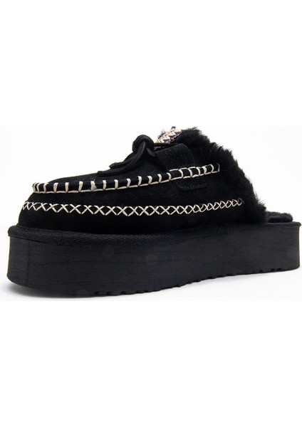 Yalına Siyah Süet Hakiki Deri Dikişli Kürklü Kadın Platform Tabanlı Makosen Terlik fırsatları