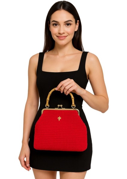 7172 El Örgüsü Makrome Ip Ahşap Saplı Abiye El Çantası / 29 cm x 22 cm