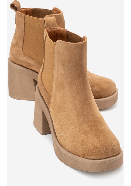 Lysa Taba Süet Lastikli Hakiki Deri Kadın Platform Topuklu Bot