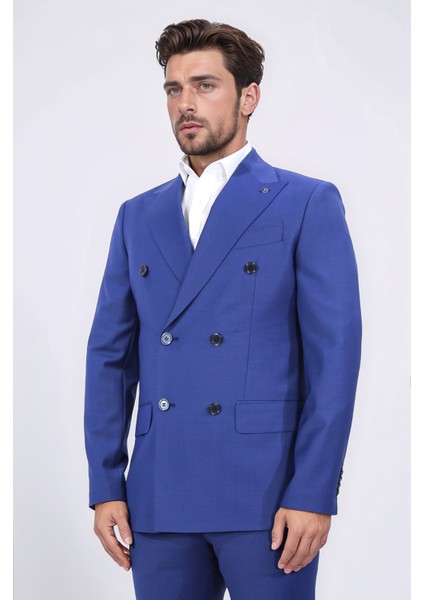 Slim Fit Sivri Yaka Kruvaze Petrol Mavi Takım Elbise