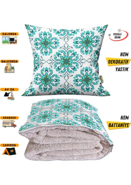 Aqua Vintage Modern Desen Tv Battaniyeli Opsiyonel Dekoratif Yastık Kırlent 2 In 1 Battaniye