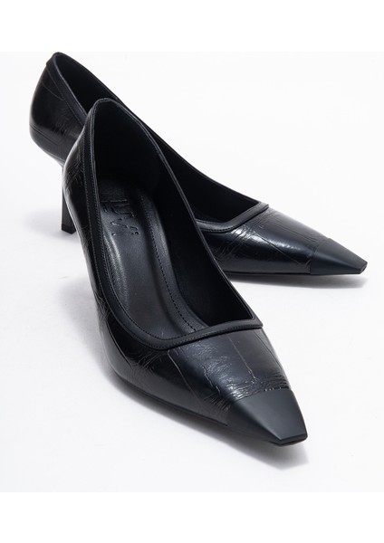 Rona Siyah Baskı Mat Burunlu Kadın Topuklu Ayakkabı