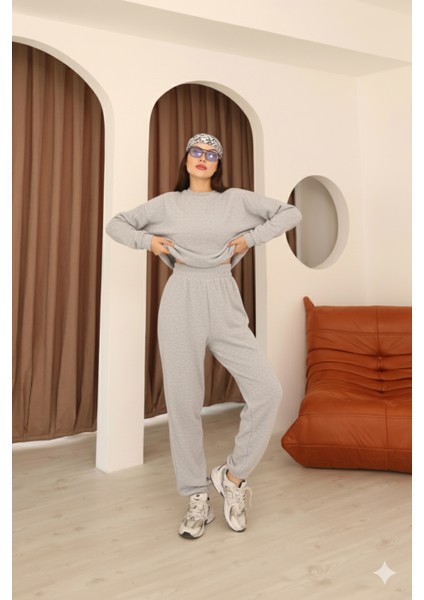 Gri Havlu Kumaş Paça Bel ve Manşet Lastik Detaylı Uzun Kollu Crop Eşofman Takımı indirimleri