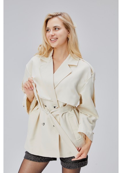 Oversize Ekru Rüzgarlık Detaylı Beli Kuşaklı Trençkot fiyatları