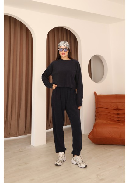 Lacivert Havlu Kumaş Paça Bel ve Manşet Lastik Detaylı Uzun Kollu Crop Eşofman Takımı fiyatları