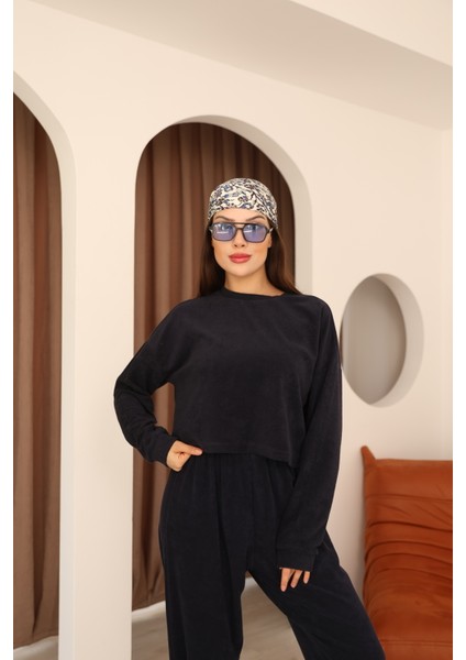 Lacivert Havlu Kumaş Paça Bel ve Manşet Lastik Detaylı Uzun Kollu Crop Eşofman Takımı fırsatları