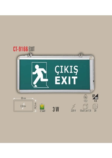 Ekim Aydınlatma Cata Çıkış Şarjlı Işıklı Yönlendirme Tabelası CT-9166 Exıt Çıkış
