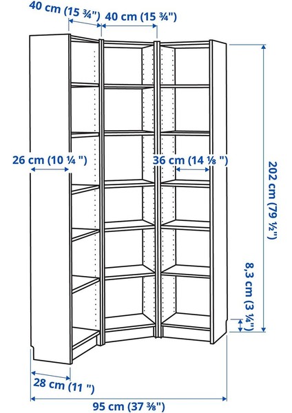 Köşe Kitaplık, Beyaz, 95/95X28X202 cm fırsatları