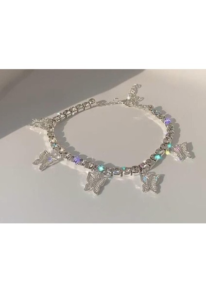 Zarif Kelebekli Gümüş Renk Kristal Taş Bileklik