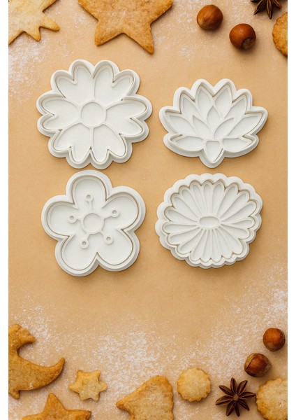 Çiçek Temalı Kurabiye Kalıbı Seti 4’lü - Lotus, Papatya, Yonca, Daisy Şekilli Hamur Kalıbı