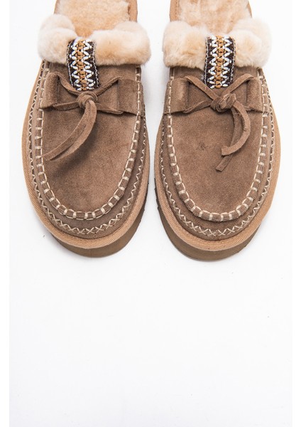 Yalına Kum Süet Hakiki Deri Dikişli Kürklü Kadın Platform Tabanlı Makosen Terlik fiyatları