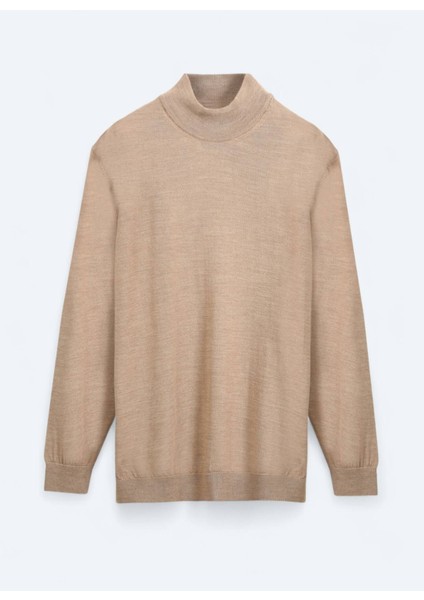 Bej Yarım Balıkçı Yaka Düz Örgü Yün Karışımlı Triko Kazak