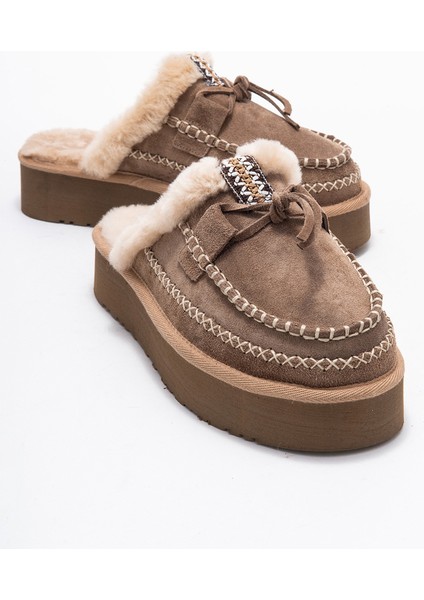 Yalına Kum Süet Hakiki Deri Dikişli Kürklü Kadın Platform Tabanlı Makosen Terlik