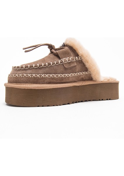 Yalına Kum Süet Hakiki Deri Dikişli Kürklü Kadın Platform Tabanlı Makosen Terlik fırsatları