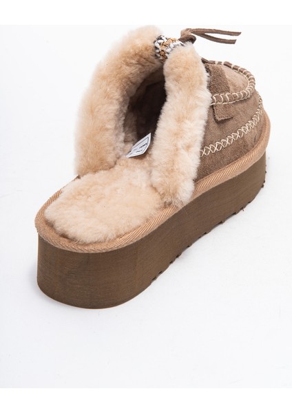 Yalına Kum Süet Hakiki Deri Dikişli Kürklü Kadın Platform Tabanlı Makosen Terlik indirimleri