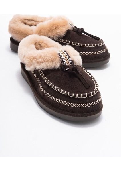 Norıel Kahverengi Süet Hakiki Deri Dikişli Kürklü Kadın Makosen Terlik