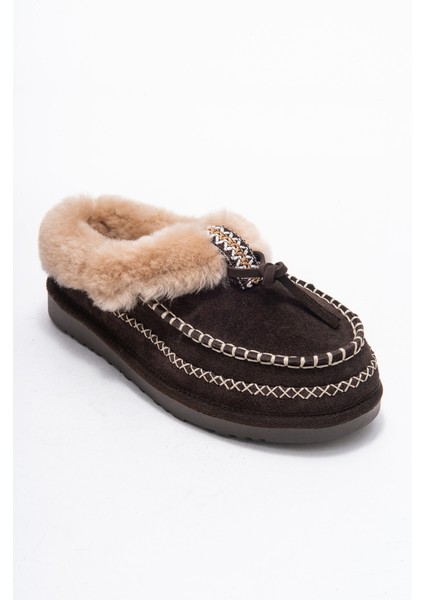 Norıel Kahverengi Süet Hakiki Deri Dikişli Kürklü Kadın Makosen Terlik modelleri