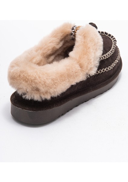 Norıel Kahverengi Süet Hakiki Deri Dikişli Kürklü Kadın Makosen Terlik indirimleri