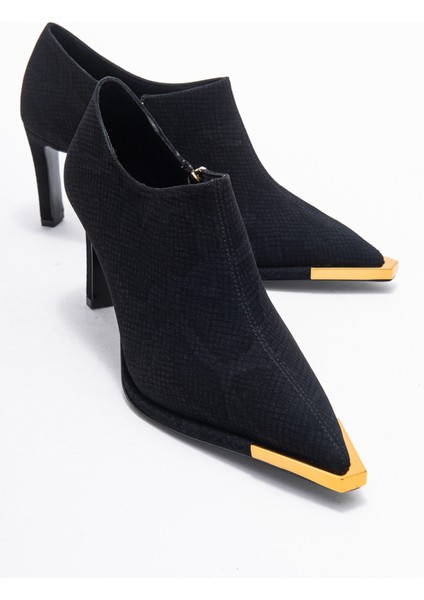 Sona Siyah Desenli Altın Detaylı Fermuarlı Kadın Bilekte Topuklu Ayakkabı