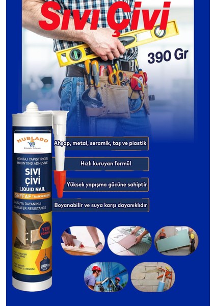Sıvı Çivi 390 Montaj Yapıştırıcısı Su Geçirmez Mutfak Banyo Ahşap Dolap Beton Fayans Mermer 10ADET.