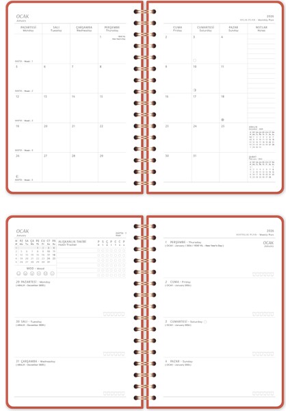 2026 A5 Spiralli Keten Haftalık Ajanda 12 Aylık - Mercan