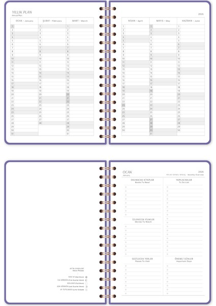 2026 A5 Spiralli Keten Haftalık Ajanda 12 Aylık - Lila indirimleri