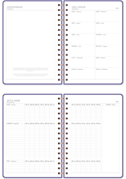 2026 A5 Spiralli Keten Haftalık Ajanda 12 Aylık - Lila