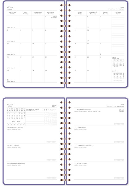 2026 A5 Spiralli Keten Haftalık Ajanda 12 Aylık - Lila