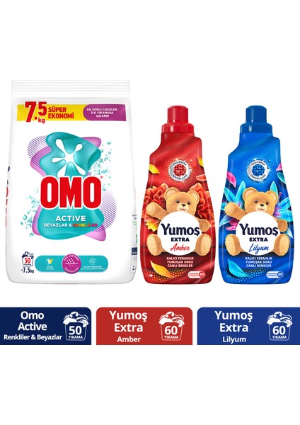 Toz Deterjan 7,5kgx1 + Yumoş Yumuşatıcı Amber 1440 Mlx1 + Yumoş Yumuşatıcı Lilyum 1440 Mlx1