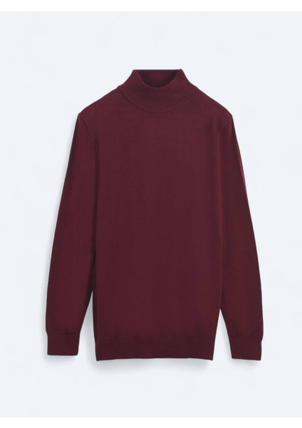 Bordo Yarım Balıkçı Yaka Düz Örgü Yün Karışımlı Triko Kazak