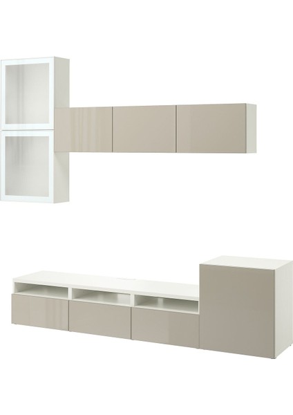 Tv Ünitesi, Beyaz-Parlak Cila-Bej, 300X42X211 Cm, Selsvıken/glassvık, Fren Raylı