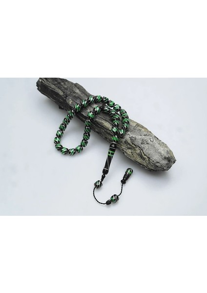 Oltu Taşı ve Yeşil Galalith Çeşmi Bülbül Işlemeli Tespih