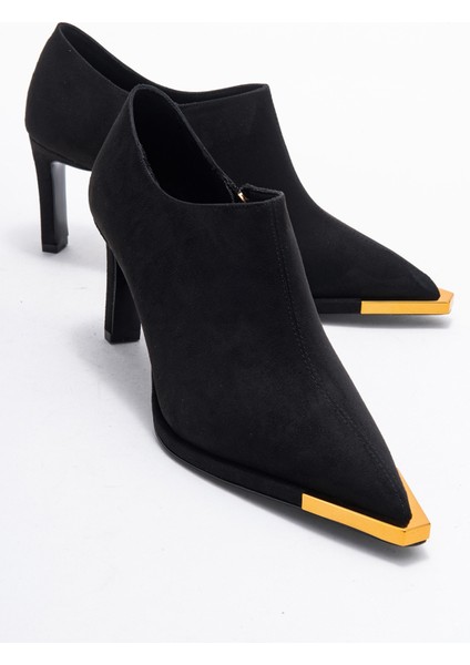 Sona Siyah Süet Altın Detaylı Fermuarlı Kadın Bilekte Topuklu Ayakkabı