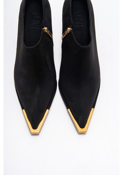Sona Siyah Süet Altın Detaylı Fermuarlı Kadın Bilekte Topuklu Ayakkabı fiyatları