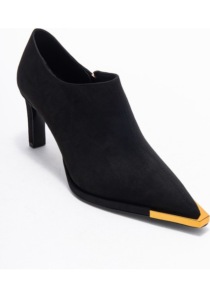 Sona Siyah Süet Altın Detaylı Fermuarlı Kadın Bilekte Topuklu Ayakkabı modelleri